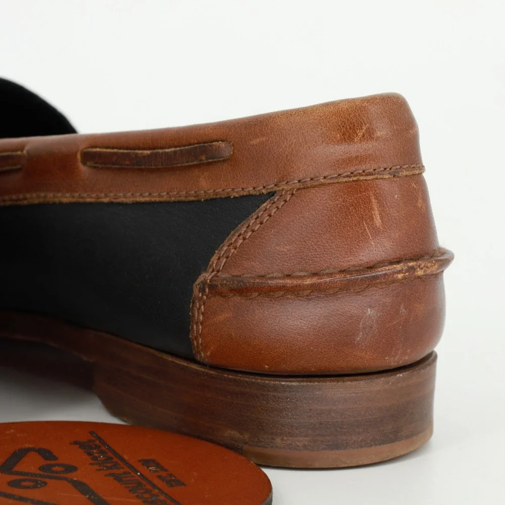 Cole Haan 3130 Mens Two Tone Leather Tassel Loafers Black Brown Brazil Sz 8.5D